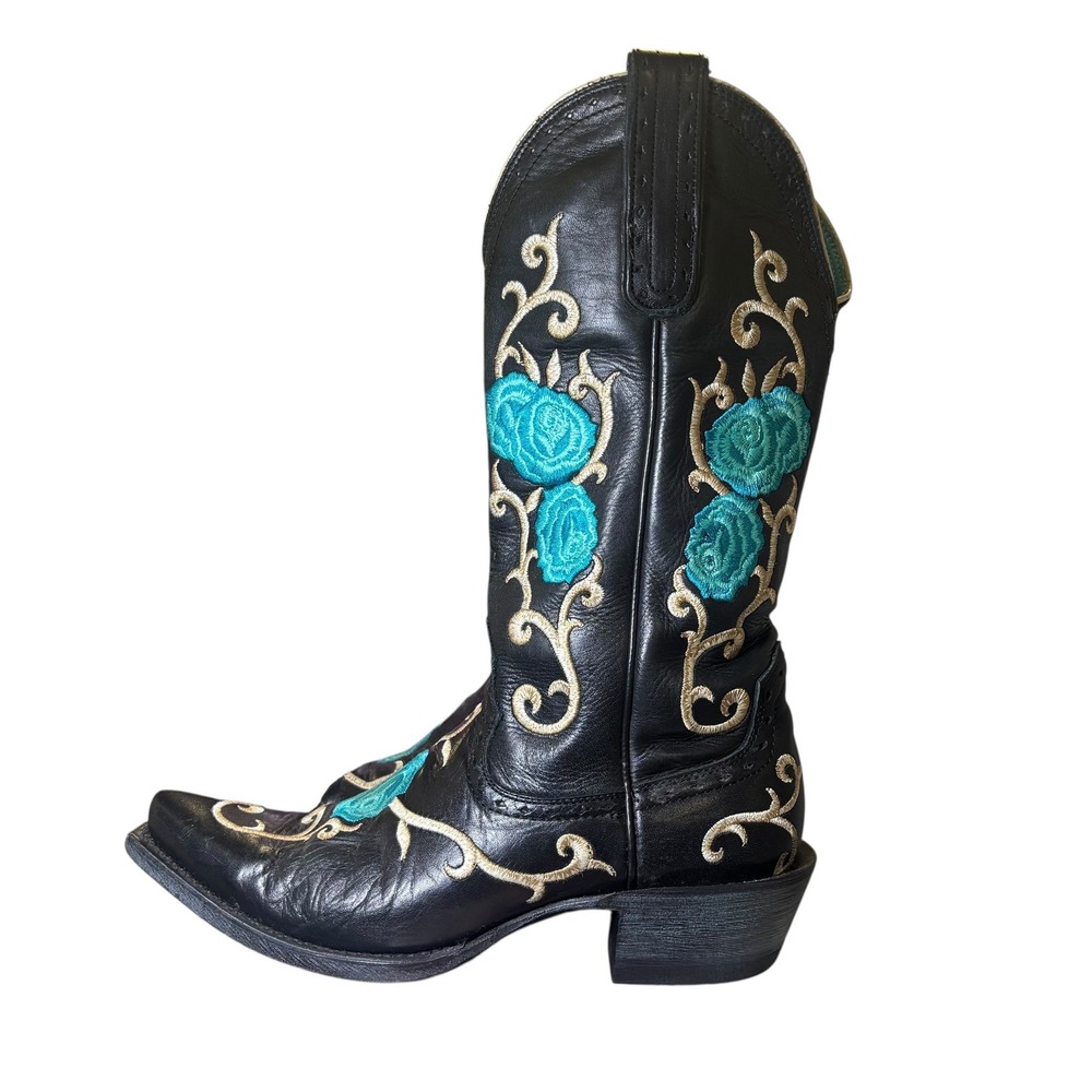 Ariat Black Leather Turquoise Floral Embroidered Snip Toe Western Boots 7 B - Picture 3 of 14